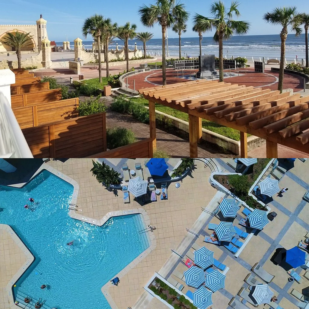Resort pool deck with striped umbrellas